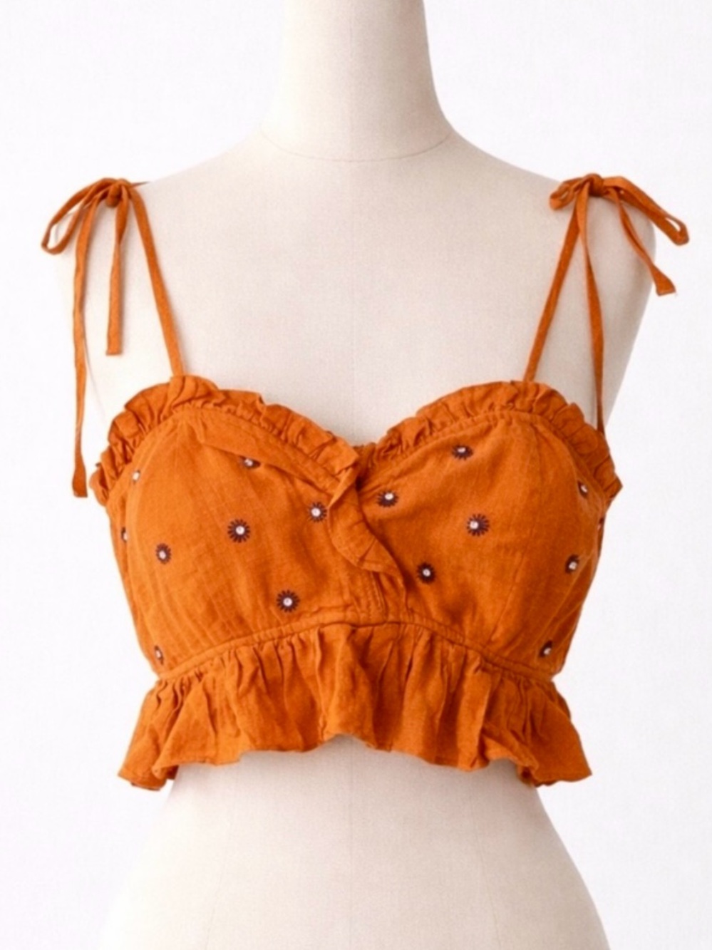 Free People Rust Orange Embroidered Tie-Shoulder Ruffle Crop Top - Picture 2 of 8